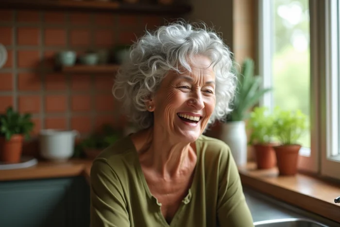 Femme de 70 ans avec une coupe courte aux boucles naturelles argentées, pleine de texture et de caractère