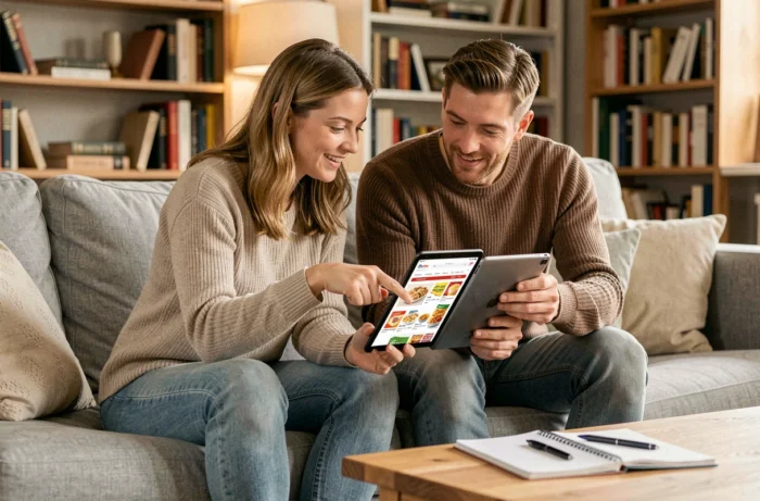 Couple consultant le site Mercadona en ligne sur une tablette pour planifier leurs courses