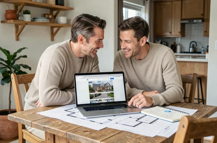 Couple étudiant des plans et annonces immobilières sur ordinateur portable à la maison