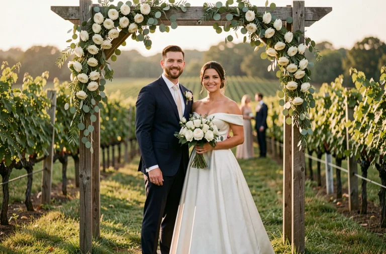 Couple de mariés sous une arche de roses blanches dans un vignoble, décoration florale élégante pour un mariage en plein air