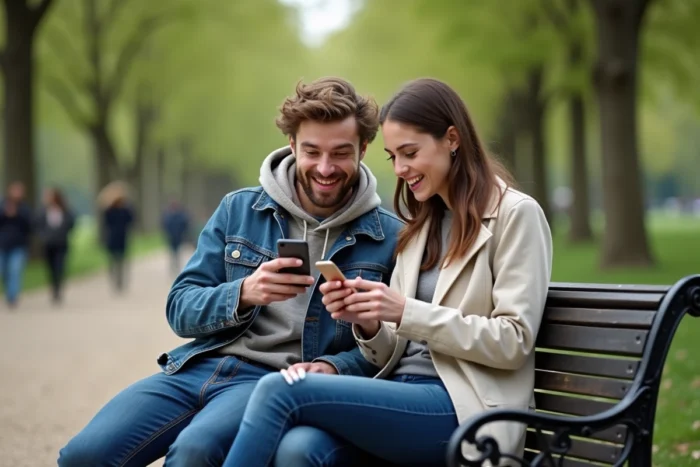 Couple recherchant des petites annonces gratuites sur smartphone dans un parc urbain français