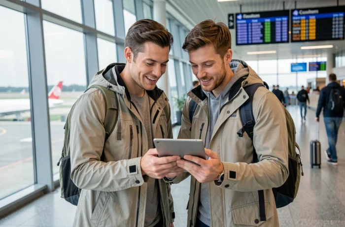 Couple de voyageurs débutants consultant la plateforme E-Nomad sur une tablette dans un terminal d'aéroport international avant leur premier grand voyage