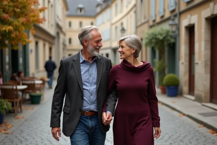 Un couple élégant se promenant et riant dans une rue pavée de province française en automne, moment complice et naturel