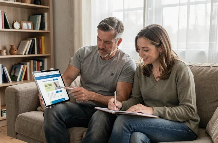 Couple consultant le site des impôts sur une tablette pour comprendre le calcul du quotient familial dans un salon