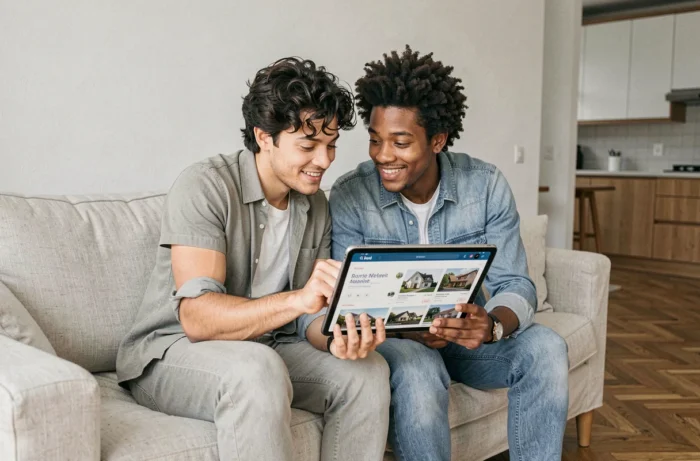 Jeune couple recherchant des annonces immobilières en ligne sur une tablette dans leur appartement
