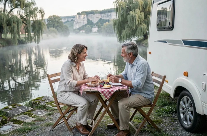 Couple prenant le petit-déjeuner devant une roulotte garée au bord d'une rivière en Dordogne