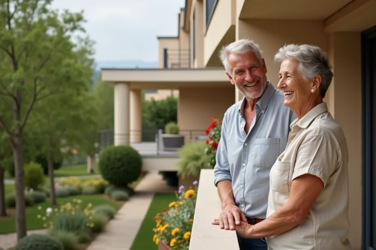 Couple de seniors souriants sur le balcon d'un appartement à la résidence Les Diagonales à Bergerac