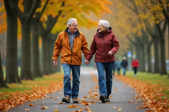 Couple de seniors marchant ensemble dans un parc en automne, activité physique douce et vie sociale pour bien vieillir en bonne santé