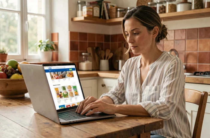 Femme faisant ses courses en ligne sur Mercadona depuis son domicile en France