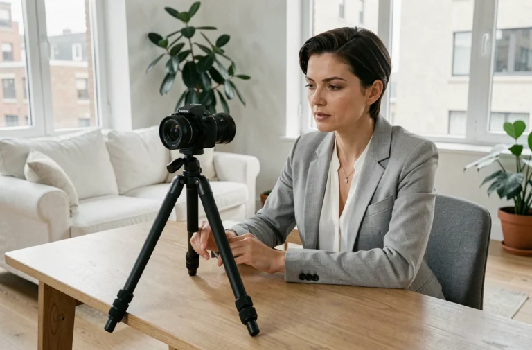 Femme agent immobilier utilisant une caméra 360 degrés pour créer une visite virtuelle dans un salon moderne