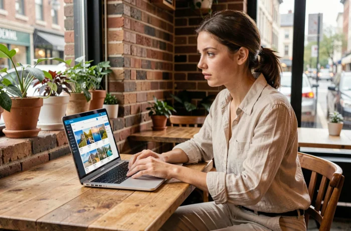 Jeune femme débutante utilisant la plateforme E-Nomad sur un ordinateur portable dans un café urbain lors de la planification de son premier voyage