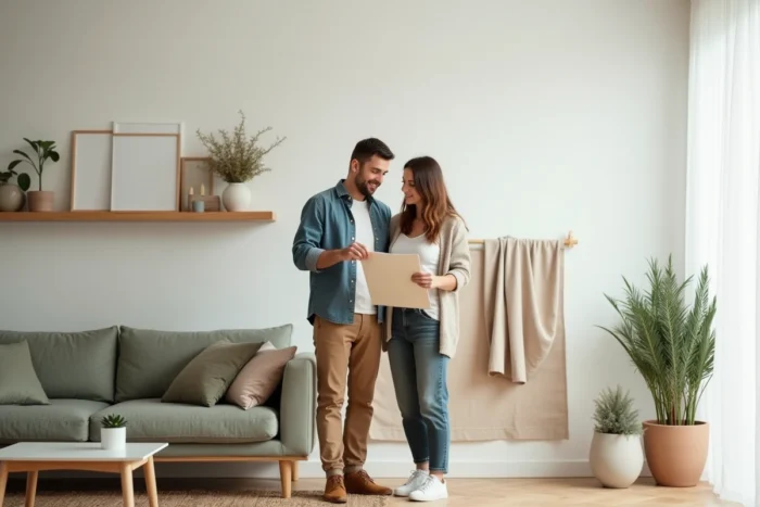 Couple comparant des échantillons de matériaux et tissus dans un salon rénové style scandinave