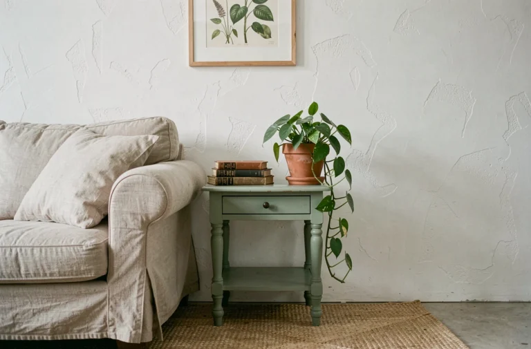 Coin salon décoré à petit prix avec table de chevet vintage vert sauge, livres anciens et plante pothos en pot terracotta