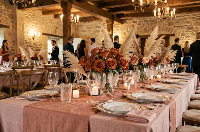 Table de réception de mariage élaborée avec décoration florale en roses terracotta, vaisselle dorée et verres en cristal dans une salle de château rustique