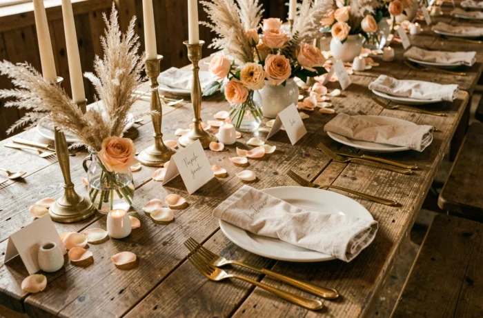 Table de réception de mariage décorée avec des roses, bougeoirs vintage et calligraphie dans une grange rustique