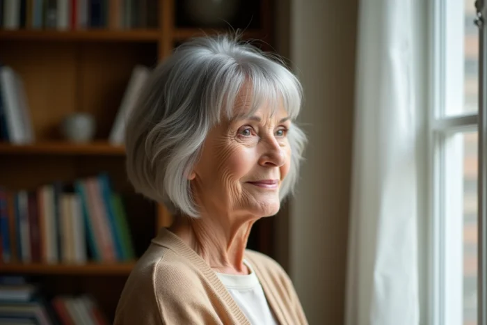 Femme de 70 ans avec un dégradé court et une frange rideau souple encadrant le visage