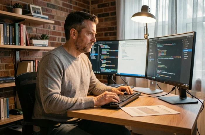 Développeur informatique consultant des directives de conformité IA dans son espace de travail à domicile