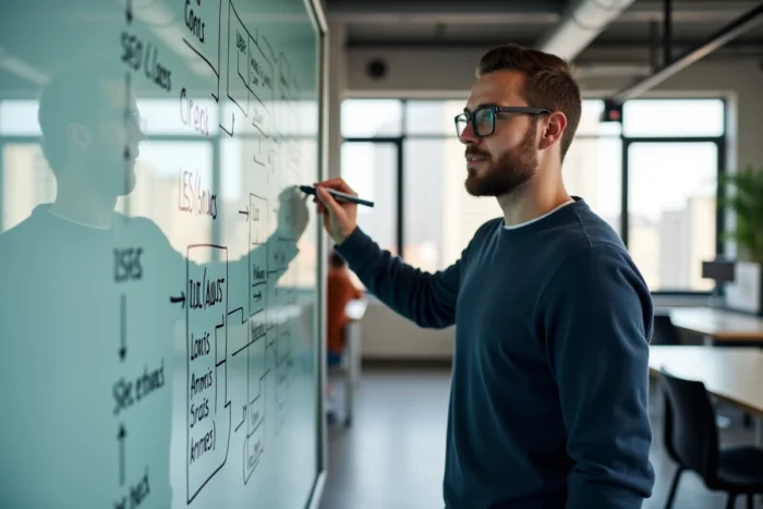 Développeur web expliquant la structure d'un sitemap sur un tableau blanc dans un espace de coworking