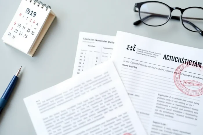 Documents administratifs de demande HLM avec lettre officielle, formulaire et calendrier montrant les délais de réponse de la commission d'attribution