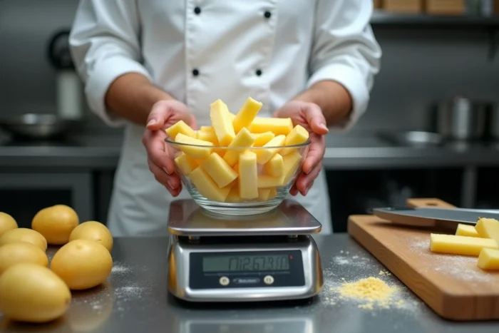Chef professionnel pesant une portion de pommes de terre crues pour préparer des frites en restaurant