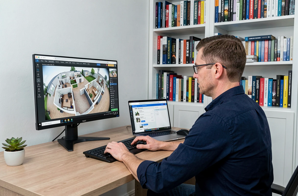 Homme éditant une visite virtuelle immobilière sur ordinateur avec logiciel gratuit en ligne