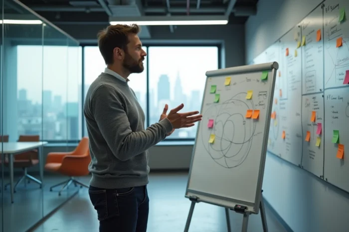 Entrepreneur français présentant sa stratégie de startup sur un tableau blanc dans un incubateur d'entreprises, illustrant les ressources essentielles pour réussir