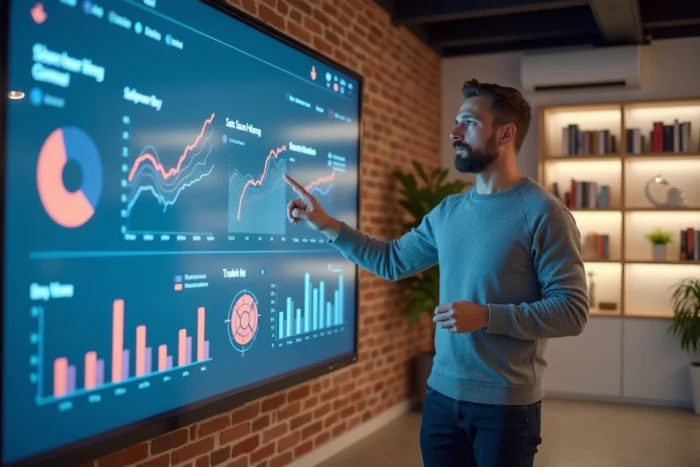 Entrepreneur présentant un tableau de bord de stratégie web et digitale sur un écran interactif en espace de coworking