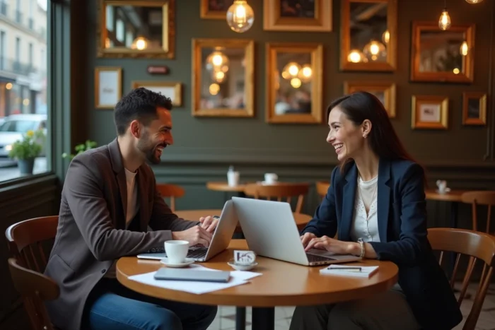 Deux entrepreneurs français discutant d'un projet de création d'entreprise dans un café parisien, illustrant le réseautage et les conseils essentiels pour l'entrepreneuriat en France