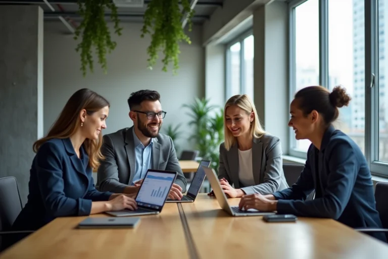 Équipe de professionnels comparant des logiciels de communication sur ordinateurs portables en salle de réunion moderne