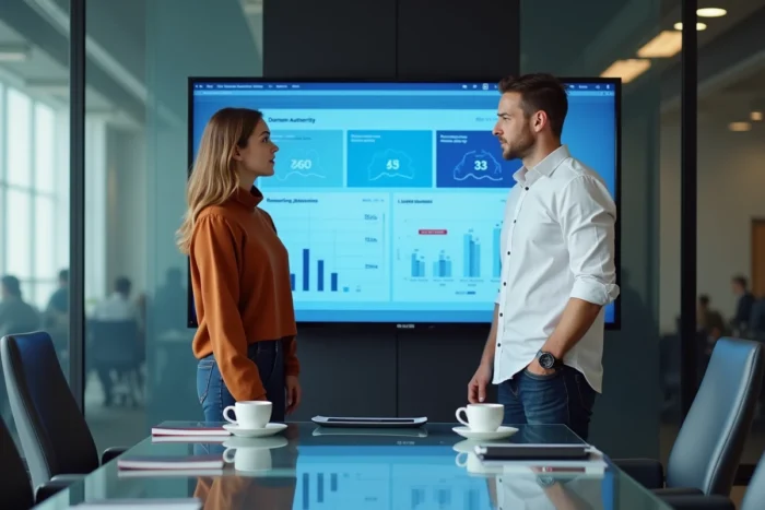 Équipe marketing discutant des métriques de netlinking et de la visibilité en ligne devant un tableau de bord SEO en salle de réunion