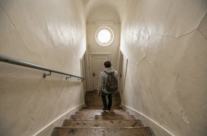 Escalier de service haussmannien menant aux chambres de bonne au dernier étage d'un immeuble parisien