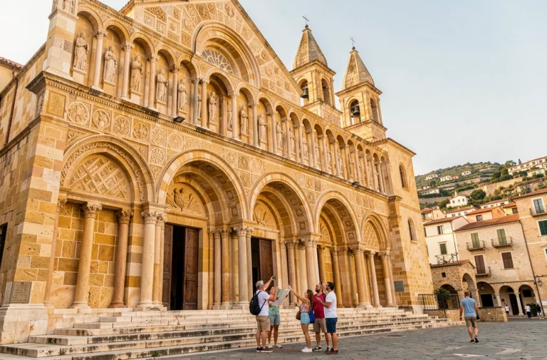Façade extérieure de la cathédrale de Monreale en Sicile avec touristes devant l'entrée principale