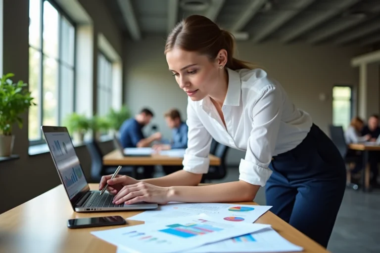 Femme d'affaires analysant des données de croissance digitale sur un ordinateur portable dans un bureau moderne
