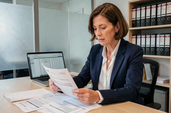Femme d'affaires française analysant des documents TVA dans un bureau moderne à Paris