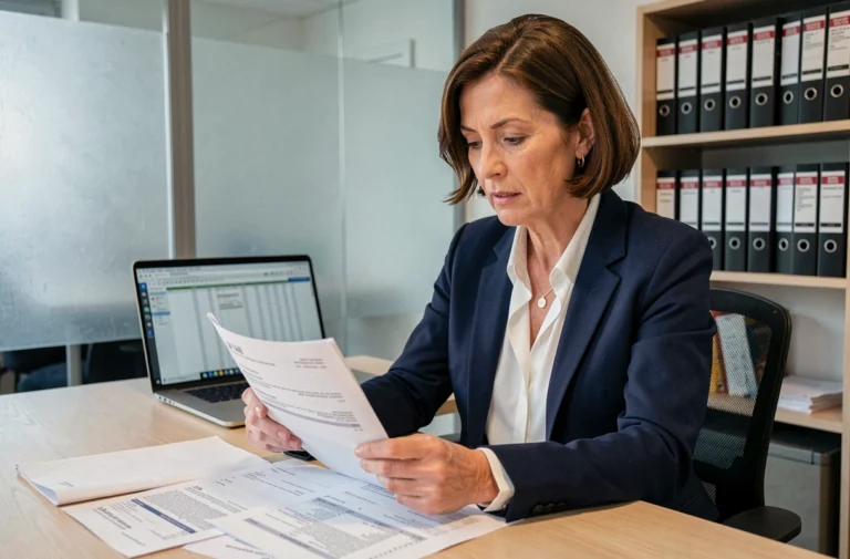Femme d'affaires française analysant des documents TVA dans un bureau moderne à Paris