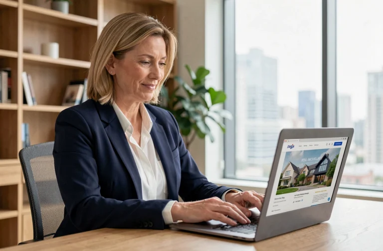 Femme professionnelle consultant un site d'agence immobilière en ligne depuis son bureau à domicile moderne