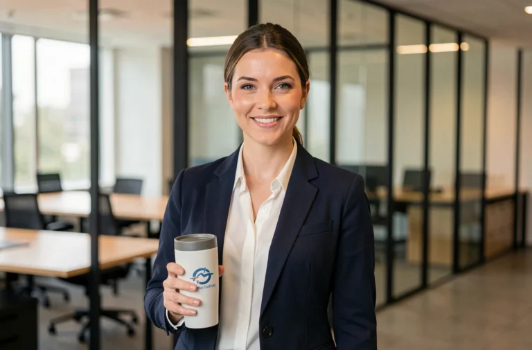 Femme professionnelle tenant un gobelet personnalisé aux couleurs de son entreprise dans un bureau moderne