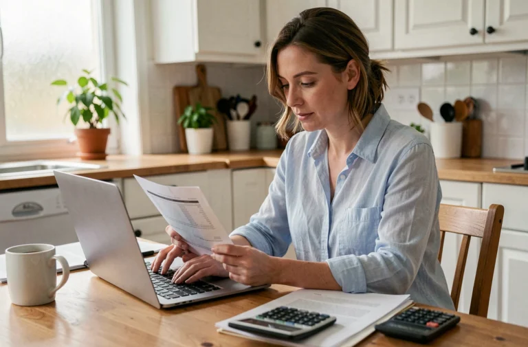 Femme calculant son quotient familial sur un ordinateur portable avec des documents fiscaux sur une table en bois dans une cuisine