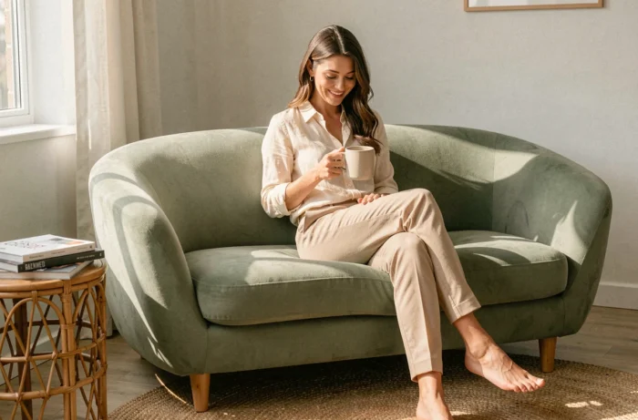 Femme assise sur un canapé arrondi vert sauge dans un salon contemporain chaleureux et lumineux
