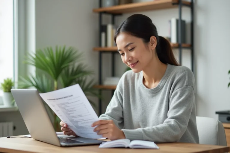 Femme consultant un comparatif de crédits en ligne sur son ordinateur portable dans un bureau à domicile moderne