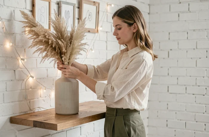 Jeune femme arrangeant des herbes de la pampa dans un vase en céramique sur une étagère murale dans un appartement minimaliste décoré à moindre coût
