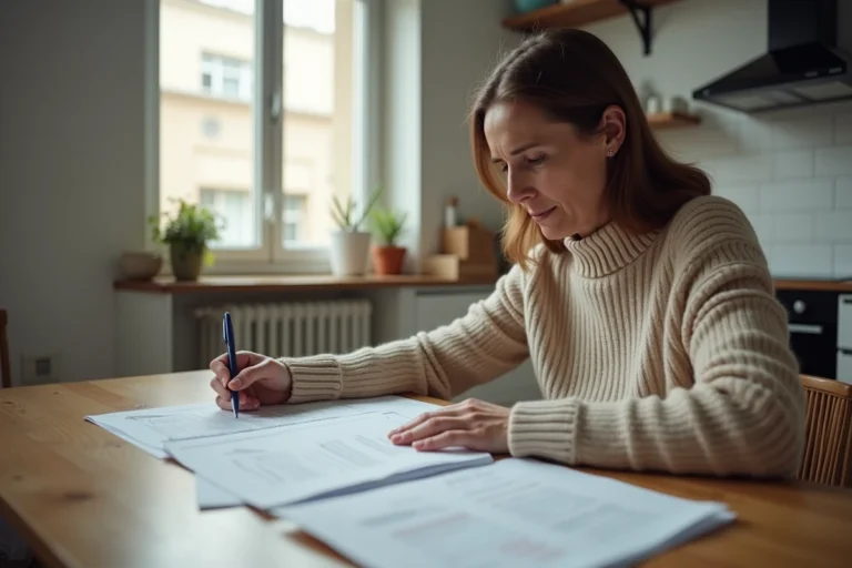 Femme consultant un dossier de demande de logement HLM à son domicile en attendant la réponse de la commission d'attribution