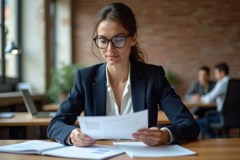 Femme entrepreneuse française travaillant dans un espace de coworking moderne à Paris, consultant des documents d'affaires pour développer son entreprise