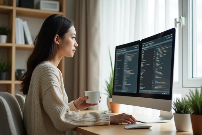 Femme professionnelle évaluant des logiciels de communication d'équipe sur deux écrans dans un bureau à domicile