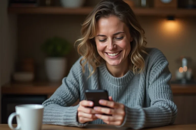 Femme concentrée jouant à Candy Crush sur son smartphone à la maison, illustrant les meilleurs classements mondiaux du jeu