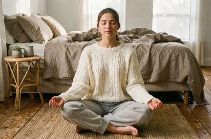 Jeune femme en méditation assise sur le sol de sa chambre cosy pour cultiver la pleine conscience et le bien-être mental