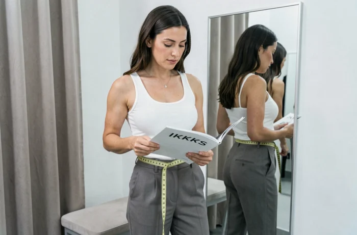 Femme prenant ses mesures avec un mètre ruban dans une cabine d'essayage pour choisir sa taille IKKS