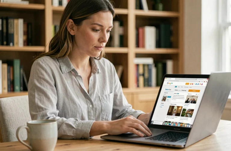 Femme naviguant sur un site web d'actualités depuis un ordinateur portable dans un bureau à domicile