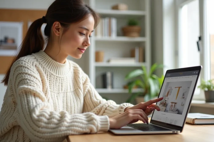 Jeune femme explorant la carte du site d'un blog déco sur son ordinateur portable dans un bureau scandinave