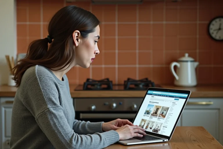 Femme consultant des petites annonces gratuites en ligne sur un ordinateur portable dans une cuisine française